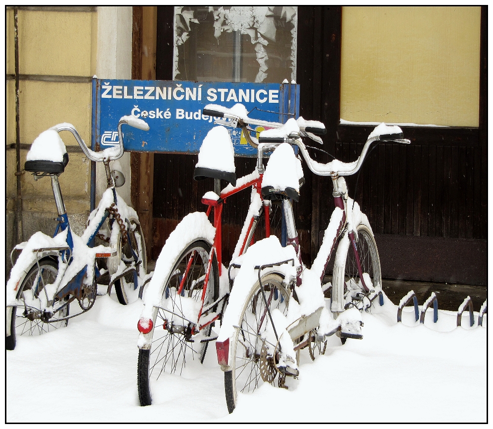 Žel. stanice Budějovice a kola mají čepice